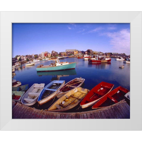 ME, Rockport Town buildings and boats in bay White Modern Wood Framed Art Print by Zuckerman, Jim