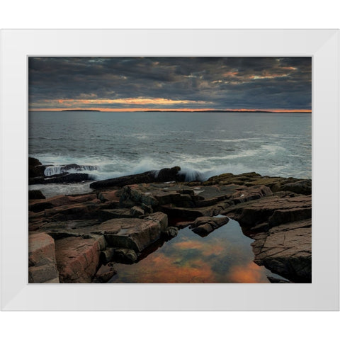 USA-Maine-Acadia National Park Moody sunset on ocean coastline White Modern Wood Framed Art Print by Jaynes Gallery