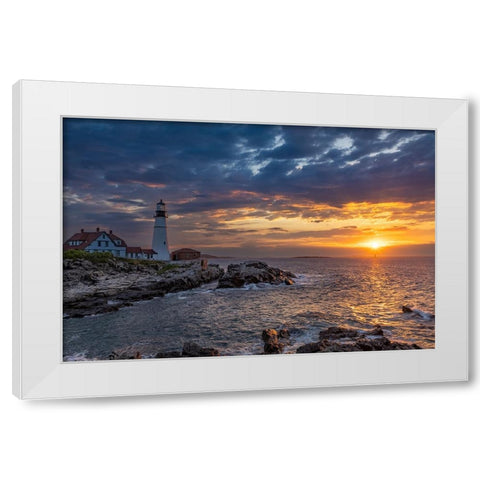 Sunrise at Portland Head Lighthouse in Portland-Maine-USA White Modern Wood Framed Art Print by Haney, Chuck