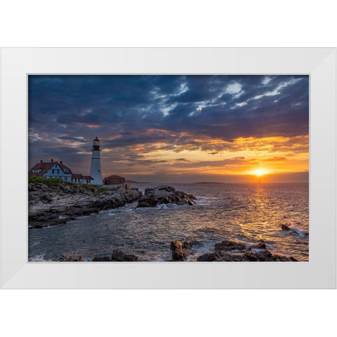 Sunrise at Portland Head Lighthouse in Portland-Maine-USA White Modern Wood Framed Art Print by Haney, Chuck