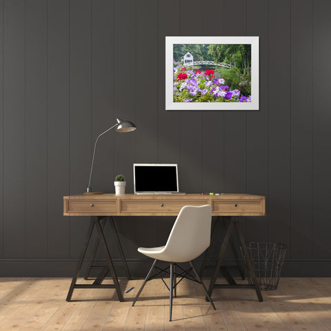 Maine Somesville bridge in Acadia National Park with petunias and geraniums in the foreground White Modern Wood Framed Art Print by Eggers, Julie