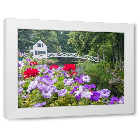 Maine Somesville bridge in Acadia National Park with petunias and geraniums in the foreground White Modern Wood Framed Art Print by Eggers, Julie