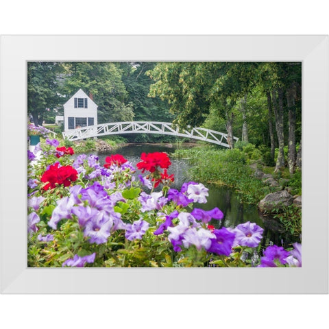 Maine Somesville bridge in Acadia National Park with petunias and geraniums in the foreground White Modern Wood Framed Art Print by Eggers, Julie