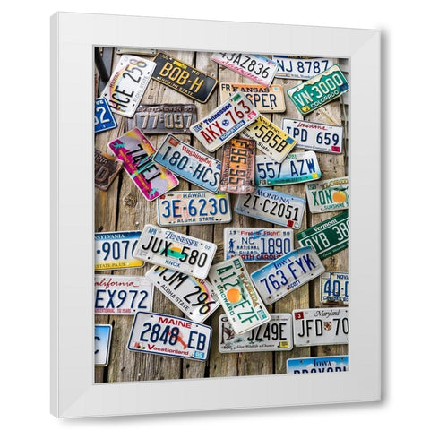 Maine License plates on Old Wall in Bar Harbor White Modern Wood Framed Art Print by Eggers, Julie