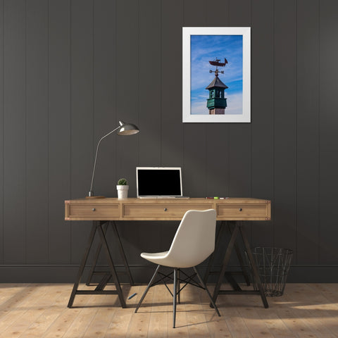 USA-New England-Maine-Mt-Desert Island weather vane topped with a fishing boat White Modern Wood Framed Art Print by Gulin, Sylvia