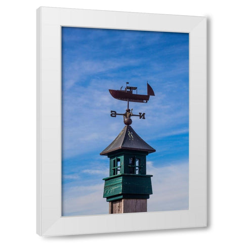 USA-New England-Maine-Mt-Desert Island weather vane topped with a fishing boat White Modern Wood Framed Art Print by Gulin, Sylvia