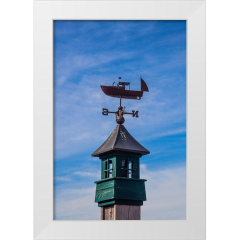 USA-New England-Maine-Mt-Desert Island weather vane topped with a fishing boat White Modern Wood Framed Art Print by Gulin, Sylvia