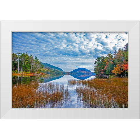 USA-New England-Maine-Acadia National Park and Jordon Pond on very calm Autumn day White Modern Wood Framed Art Print by Gulin, Sylvia