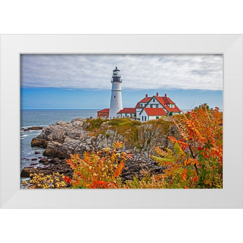 USA-New England-Maine-Cape Elizabeth-Atlantic Portland Head Lighthouse during the Fall season White Modern Wood Framed Art Print by Gulin, Sylvia