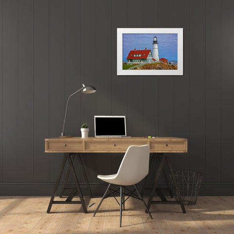 USA-New England-Maine-Cape Elizabeth-Atlantic Portland Head Lighthouse during the Fall season White Modern Wood Framed Art Print by Gulin, Sylvia