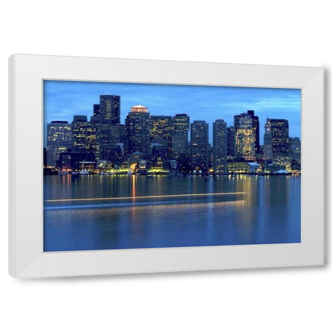 MA, Boston Boat leaves trail on Boston Harbor White Modern Wood Framed Art Print by Ross, Nancy ,  Steve