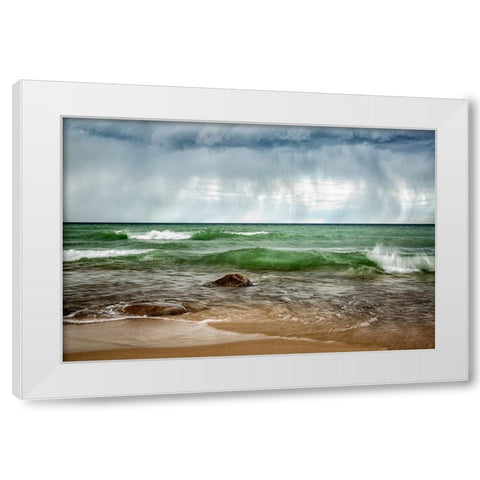USA-Michigan-Upper Peninsula-Munising Rain clouds over Pictured Rocks National Lakeshore White Modern Wood Framed Art Print by Collins, Ann