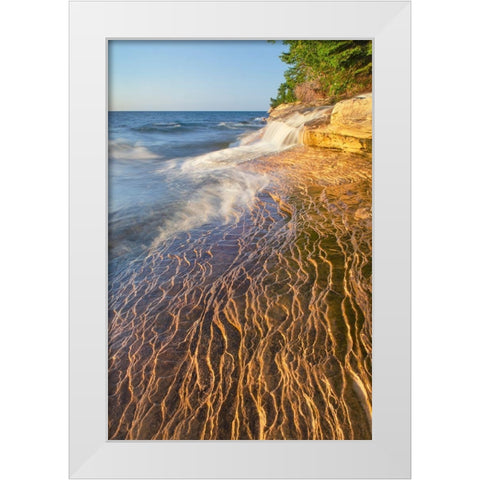 Elliot Falls flowing over layers of Au Train Formation sandstone at Miners Beach White Modern Wood Framed Art Print by Majchrowicz, Alan
