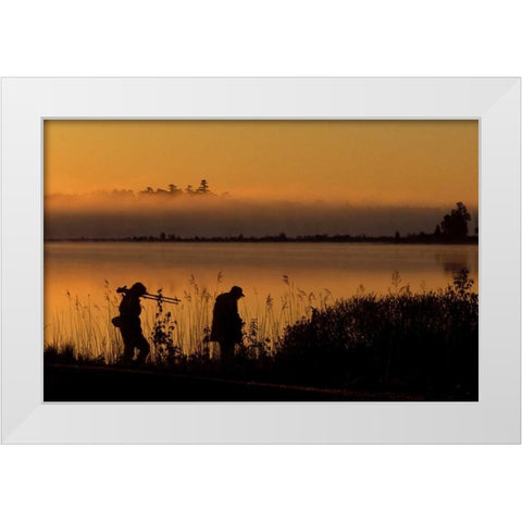 MI, People along Potagannissing Bay at sunrise White Modern Wood Framed Art Print by Carlson, Mark