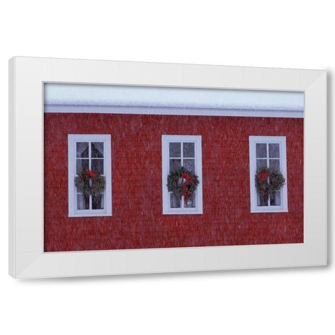 MI, Three Christmas wreathes in schoolhouse White Modern Wood Framed Art Print by Carlson, Mark