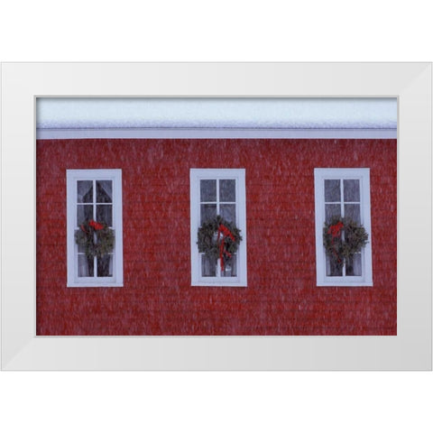 MI, Three Christmas wreathes in schoolhouse White Modern Wood Framed Art Print by Carlson, Mark