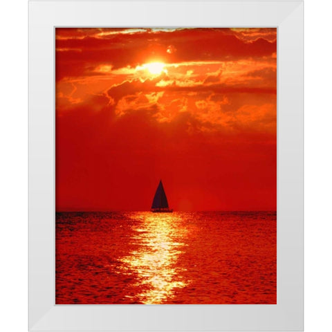 Michigan, Mackinaw, Lake Huron Sailboat at dawn White Modern Wood Framed Art Print by Kelley, David