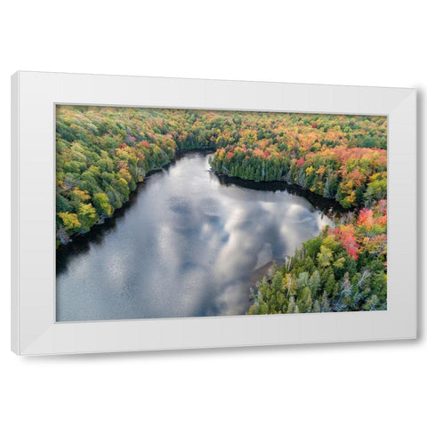 Aerial view of Hugoboom Lake in fall color-Alger County-Michigan White Modern Wood Framed Art Print by Day, Richard and Susan