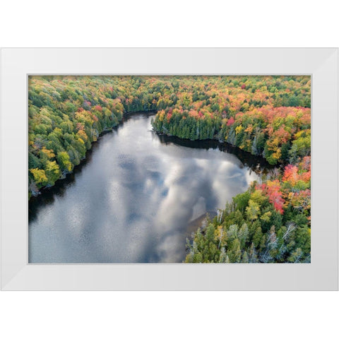 Aerial view of Hugoboom Lake in fall color-Alger County-Michigan White Modern Wood Framed Art Print by Day, Richard and Susan