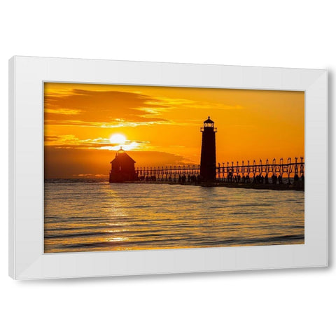 Grand Haven Lighthouse at sunset on Lake Michigan-Grand Haven-Michigan White Modern Wood Framed Art Print by Day, Richard and Susan