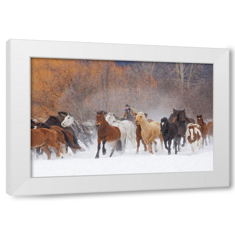 Cowboys during winter roundup-Kalispell-Montana White Modern Wood Framed Art Print by Jones, Adam