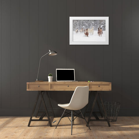 Cowboy during winter roundup-Kalispell-Montana White Modern Wood Framed Art Print by Jones, Adam