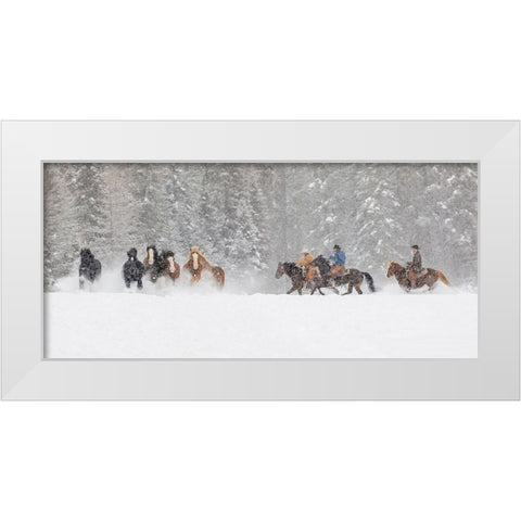 Panoramic view of cowboys during winter roundup-Kalispell-Montana White Modern Wood Framed Art Print by Jones, Adam