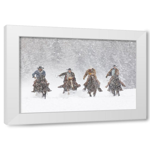 Cowboys during winter roundup-Kalispell-Montana White Modern Wood Framed Art Print by Jones, Adam