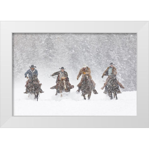 Cowboys during winter roundup-Kalispell-Montana White Modern Wood Framed Art Print by Jones, Adam