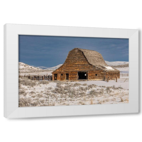 Barn in winter-Montana White Modern Wood Framed Art Print by Jones, Adam