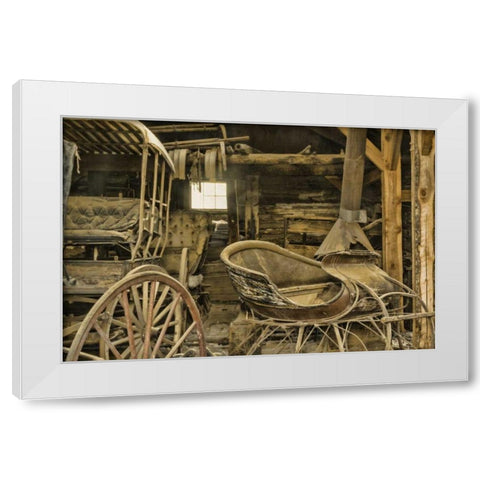 Montana, Virginia City Antique sleigh and buggy White Modern Wood Framed Art Print by Paulson, Don