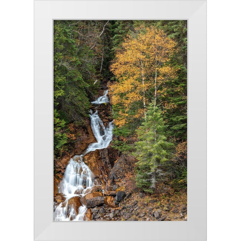 Fawn Creek Falls in autumn in the Flathead National Forest-Montana-USA White Modern Wood Framed Art Print by Haney, Chuck
