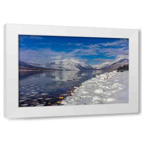 Mountains reflect in wintry Lake McDonald in Glacier National Park-Montana-USA White Modern Wood Framed Art Print by Haney, Chuck