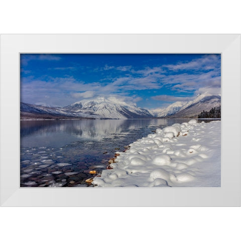 Mountains reflect in wintry Lake McDonald in Glacier National Park-Montana-USA White Modern Wood Framed Art Print by Haney, Chuck