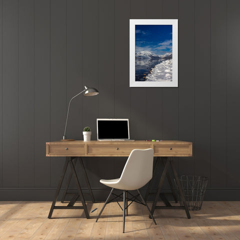 Mountains reflect in wintry Lake McDonald in Glacier National Park-Montana-USA White Modern Wood Framed Art Print by Haney, Chuck