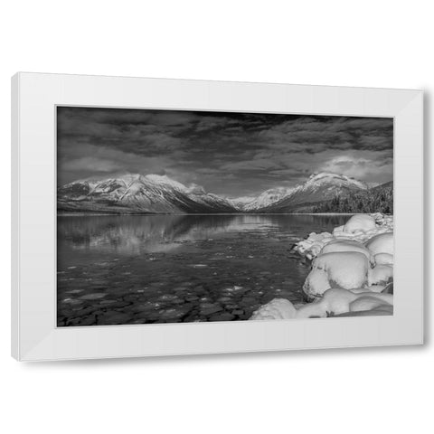 Mountains reflect in wintry Lake McDonald in Glacier National Park-Montana-USA White Modern Wood Framed Art Print by Haney, Chuck
