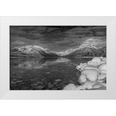 Mountains reflect in wintry Lake McDonald in Glacier National Park-Montana-USA White Modern Wood Framed Art Print by Haney, Chuck