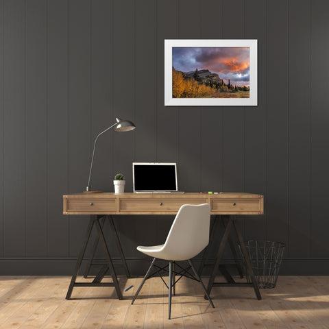 Sunrise clouds over Bear Mountain in Glacier National Park-Montana-USA White Modern Wood Framed Art Print by Haney, Chuck