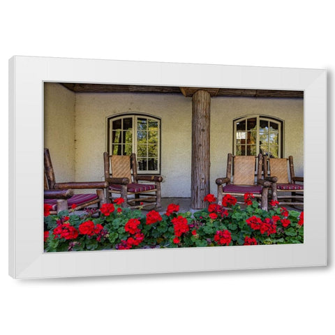Lounge chairs at Lake McDonald Lodge in Glacier National Park-Montana-USA White Modern Wood Framed Art Print by Haney, Chuck