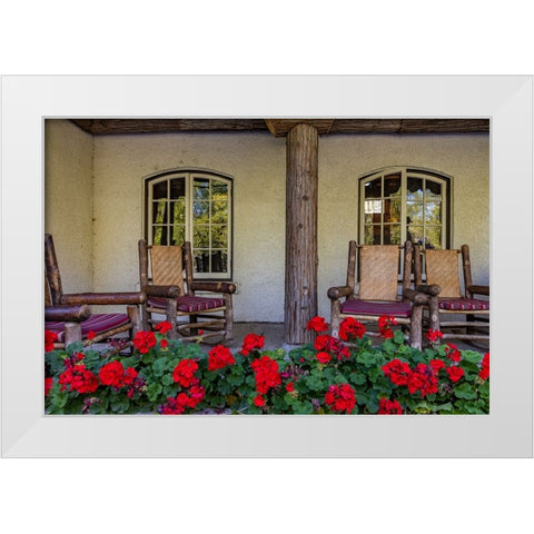 Lounge chairs at Lake McDonald Lodge in Glacier National Park-Montana-USA White Modern Wood Framed Art Print by Haney, Chuck