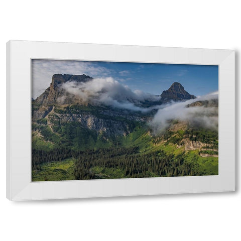 Rolling fog clouds with Heavy Runner and Reynold Mountains at Logan Pass in Glacier National Park White Modern Wood Framed Art Print by Haney, Chuck