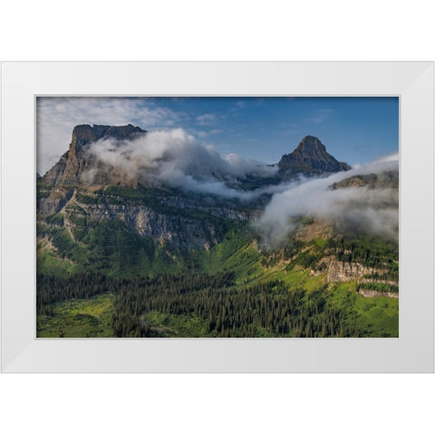 Rolling fog clouds with Heavy Runner and Reynold Mountains at Logan Pass in Glacier National Park White Modern Wood Framed Art Print by Haney, Chuck