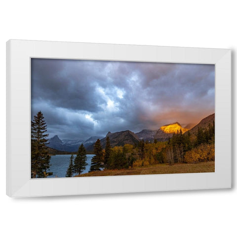 Shoulder of Mount Cleveland bathed in golden sunrise light in Glacier National Park-Montana-USA White Modern Wood Framed Art Print by Haney, Chuck