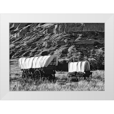Nebraska, Scotts Bluff Covered wagons in field White Modern Wood Framed Art Print by Flaherty, Dennis