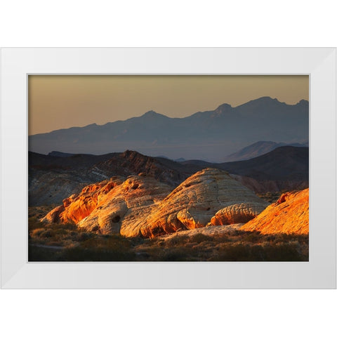 Last light on red sandstone or Aztec Sandstone-Valley of Fire-Nevada White Modern Wood Framed Art Print by Jones, Adam
