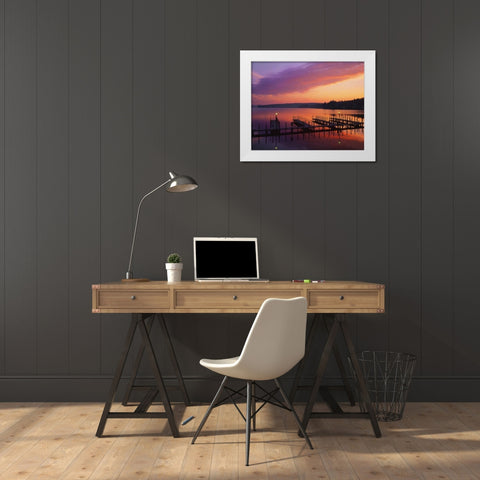 NH, Sunrise over Lake Winnipesaukee dock White Modern Wood Framed Art Print by Terrill, Steve