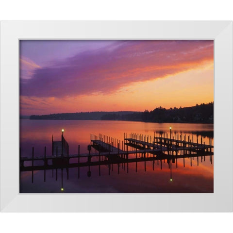NH, Sunrise over Lake Winnipesaukee dock White Modern Wood Framed Art Print by Terrill, Steve