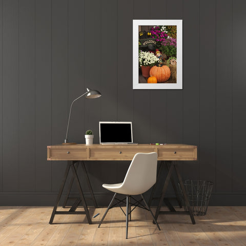 NH, White Mts Autumn decorations in store front White Modern Wood Framed Art Print by Flaherty, Dennis