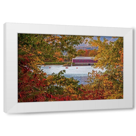 USA-New Hampshire-Gorham-Fall colored trees framing Androscoggin River near damn site White Modern Wood Framed Art Print by Gulin, Sylvia