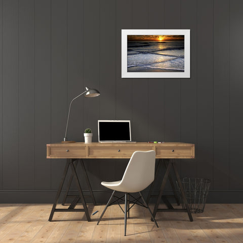 New Jersey, Cape May Sunset reflection on beach White Modern Wood Framed Art Print by OBrien, Jay